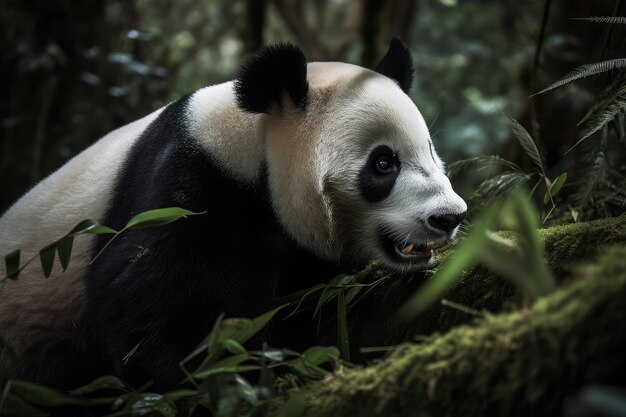 Lone panda tasting shoots in bamboo forest generative IA