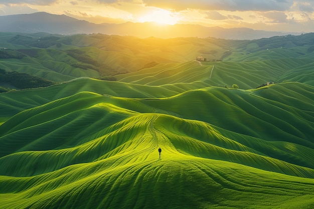 A lone person is standing in the middle of the green hills at sunset