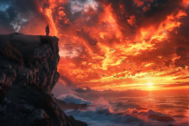 Photo a lone person stands on a cliff above the ocean silhouetted against a breathtaking fiery sunset with dramatic clouds and waves crashing below