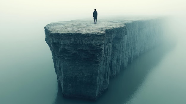 Photo a lone person stands on a fogcovered cliff overlooking calm water