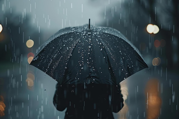 A lone person walks through a downpour their head bowed and shoulders hunched under a black umbrella conveying a sense of melancholy in the city Generative AI