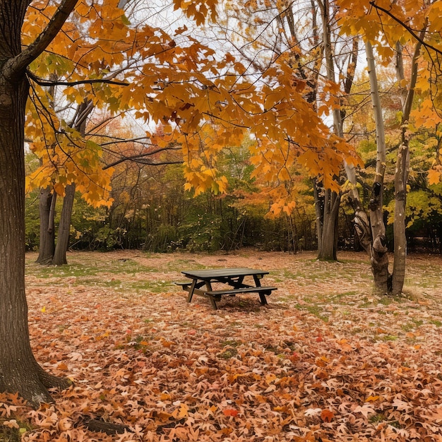 A lone picnic table sits in a grove of autumn trees with fallen leaves