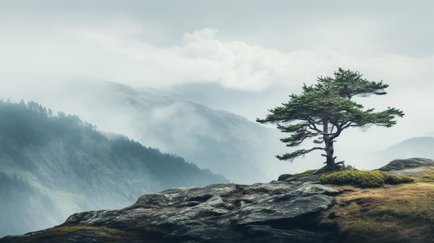 Photo a lone pine tree standing tall amidst mist on a mountain peak with raindrops glistening