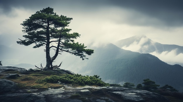 Photo a lone pine tree standing tall amidst mist on a mountain peak with raindrops glistening