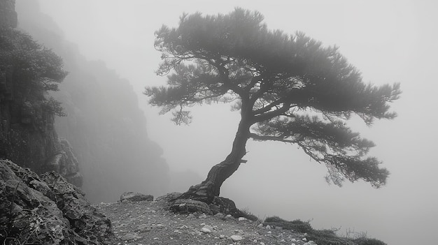 a lone pine tree stands in the fog