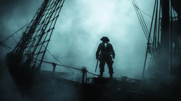 A lone pirate stands on the deck of his ship shrouded in fog