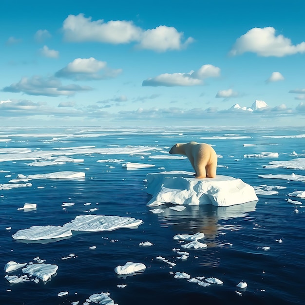 A lone polar bear standing on a small iceberg in the vast Arctic ocean a clear blue sky with scatt