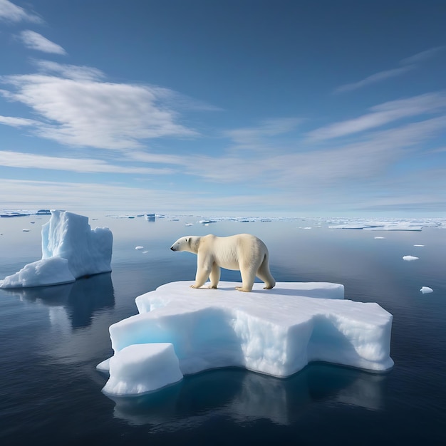 A lone polar bear standing on a small iceberg in the vast Arctic ocean a clear blue sky with scatt