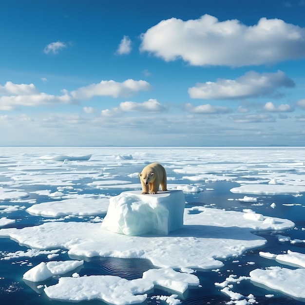 A lone polar bear standing on a small iceberg in the vast Arctic ocean a clear blue sky with scatt