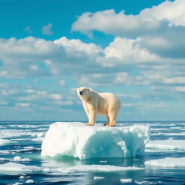 A lone polar bear standing on a small iceberg in the vast Arctic ocean a clear blue sky with scatt