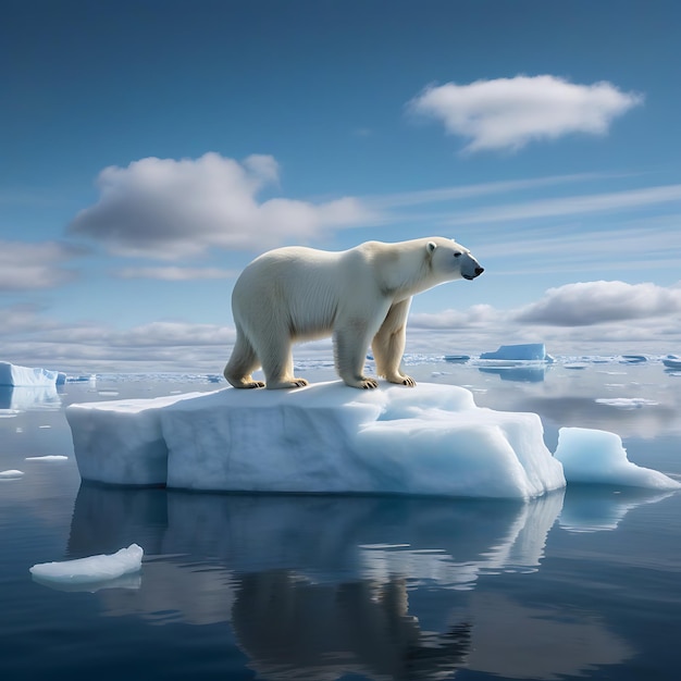 A lone polar bear standing on a small iceberg in the vast Arctic ocean a clear blue sky with scatt