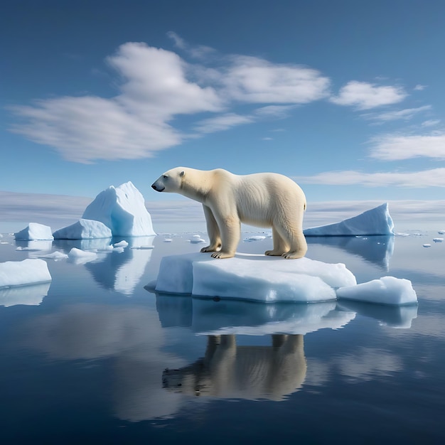 A lone polar bear standing on a small iceberg in the vast Arctic ocean a clear blue sky with scatt