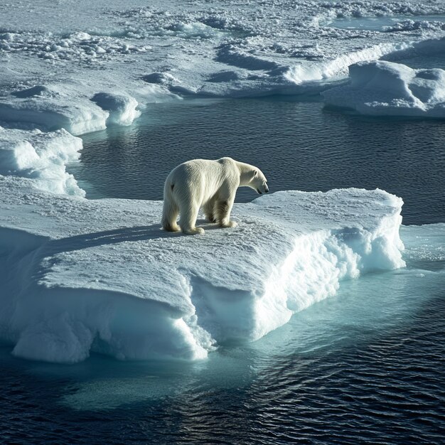 A lone polar bear stands on a melting ice floe in the Arctic Ocean a symbol of climate change and the fragility of the natural world