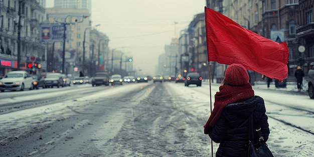 A lone protester holds a red flag in a snowy city street during a winter demonstration