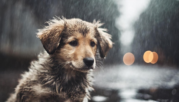 lone rainsoaked puppy sits desolately on the street embodying abandonment and yearning for care