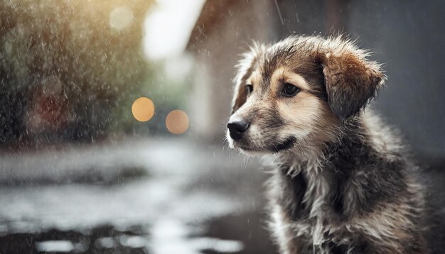 lone rainsoaked puppy sits desolately on the street embodying abandonment and yearning for care