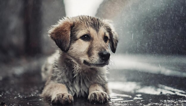 Photo lone rainsoaked puppy sits desolately on the street embodying abandonment and yearning for care