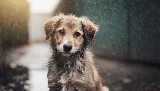 lone rainsoaked puppy sits desolately on the street embodying abandonment and yearning for care