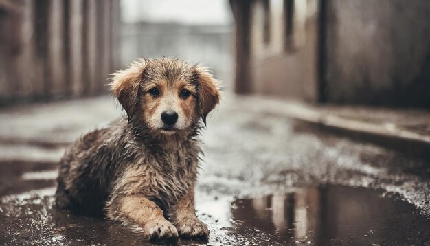 lone rainsoaked puppy sits desolately on the street embodying abandonment and yearning for care