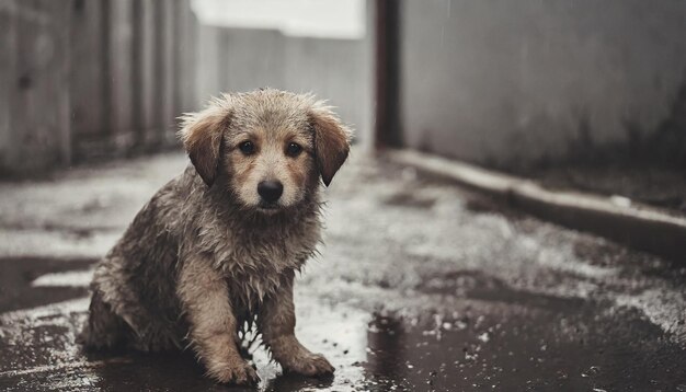 lone rainsoaked puppy sits desolately on the street embodying abandonment and yearning for care