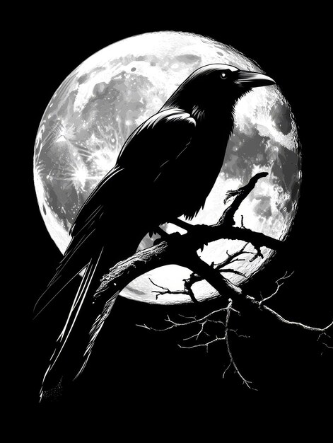 Photo a lone raven silhouette perched on a gnarled branch silhouetted against a full moon in the nig