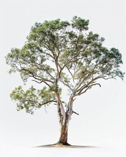 A lone Red Gum tree branches outstretched isolated against a clean white background