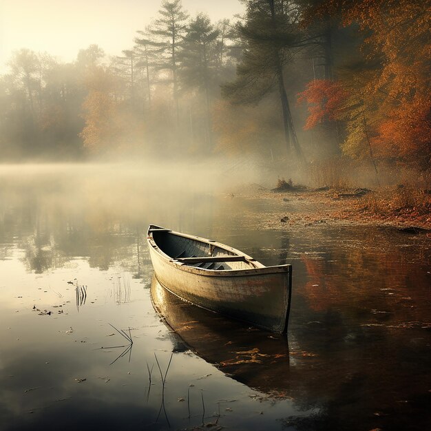 A lone rowboat drifts down a misty river