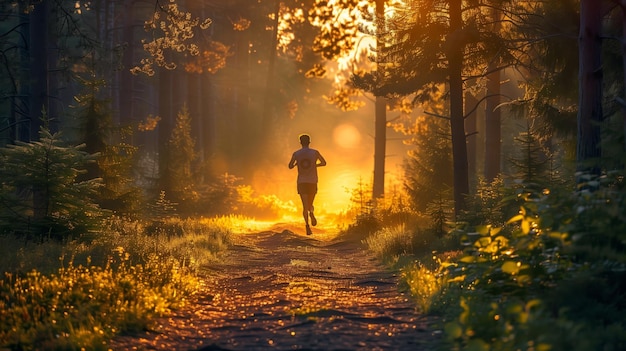 A lone runner dashes down a winding forest trail surrounded by towering trees dappled sunlight