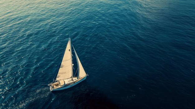 A lone sailboat glides across a vast calm sea under a sunny sky embodying serenity and adventure