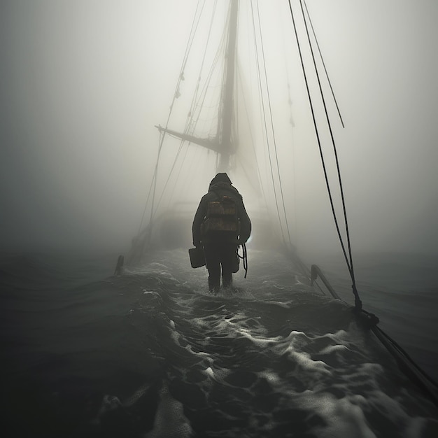 A lone sailor makes his way to the boat through a thick fog