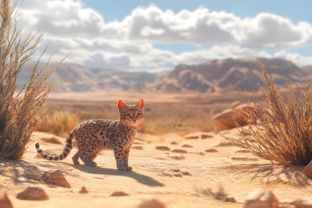 A lone sand cat in the desert landscape