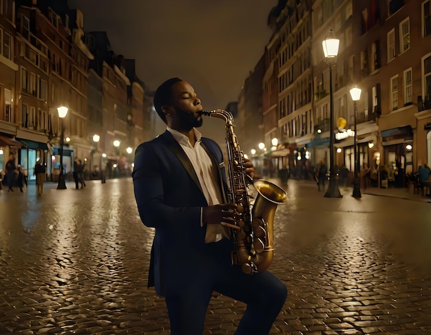 A lone saxophonist serenading a moonlit cityscape