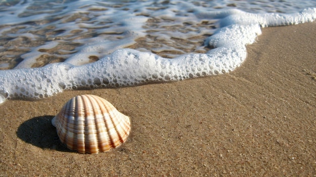 A lone seashell on the sandy beach the distant crashing of waves creating a symphony of relaxation