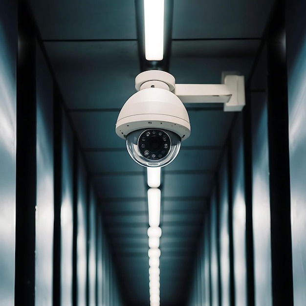 A lone security camera watches over a darkened corridor