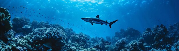 Photo a lone shark swims above a vibrant coral reef in the deep blue ocean displaying the beauty of marine life and underwater exploration