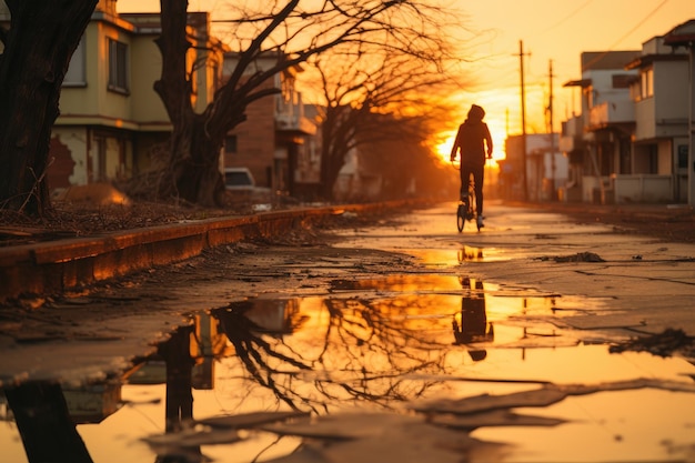 Lone skateboarder slides in abandoned city at sunset generative IA