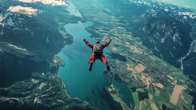 A lone skydiver falls towards the earth the vast landscape spread out below