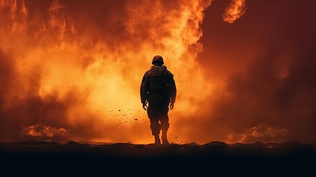 Lone soldier against fiery explosion digital art illustration Generative AI