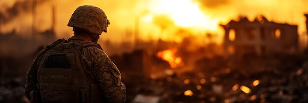 Photo a lone soldier silhouetted against a fiery cityscape stands with slumped shoulders conveying