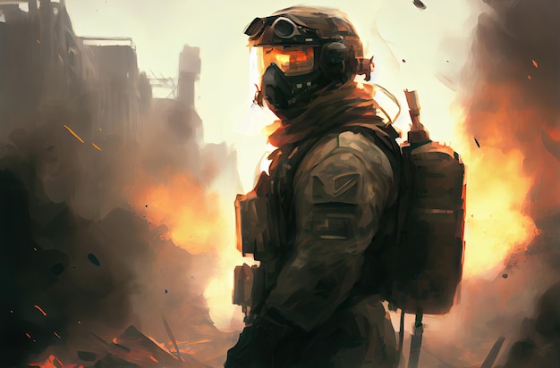 Lone soldier walking in destroyed city