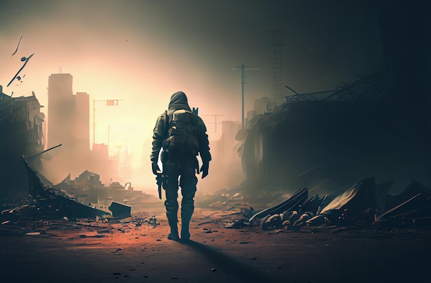 Lone soldier walking in destroyed city