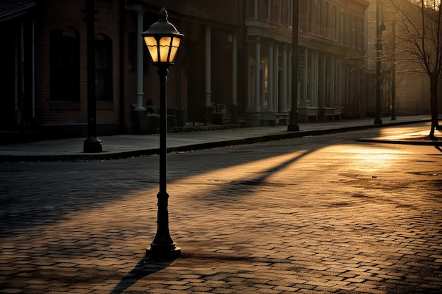 a lone street lamp casting eerie shadows on a deserted AI generated