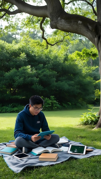 A lone student studying outdoors in a serene natural environment