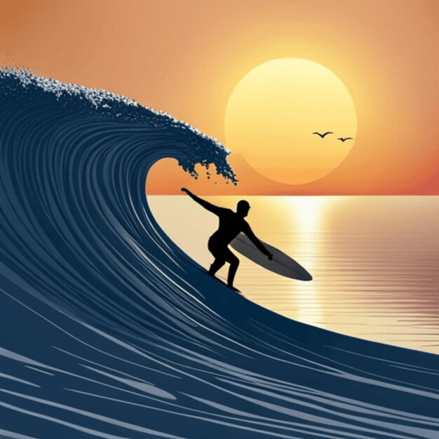 A lone surfer riding a massive wave with the sun setting behind them casting a golden glow