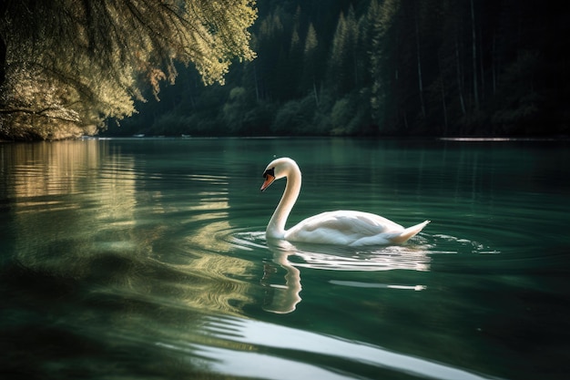 Lone swan gliding on serene lake generative IA