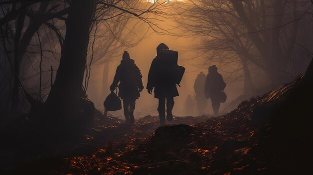 A lone tourists journey through the serene atmosphere of a misty forest at dawn