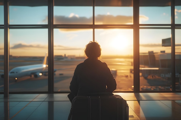 Photo lone traveler observing the sunset at airport terminal window