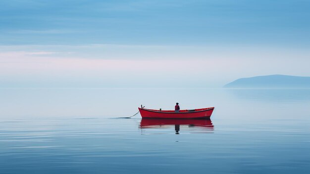 Lone Traveler Red Wooden Boat on Blue