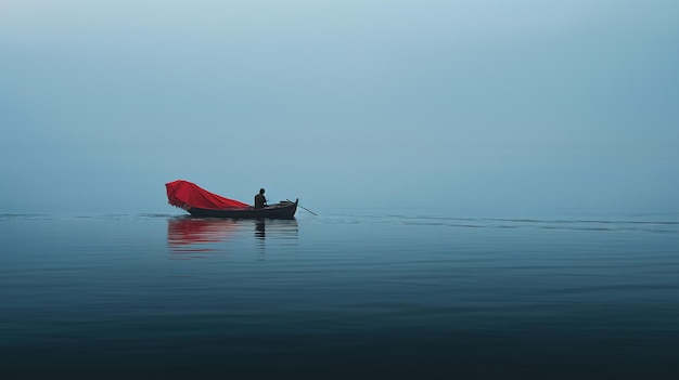 Lone Traveler Red Wooden Boat on Blue