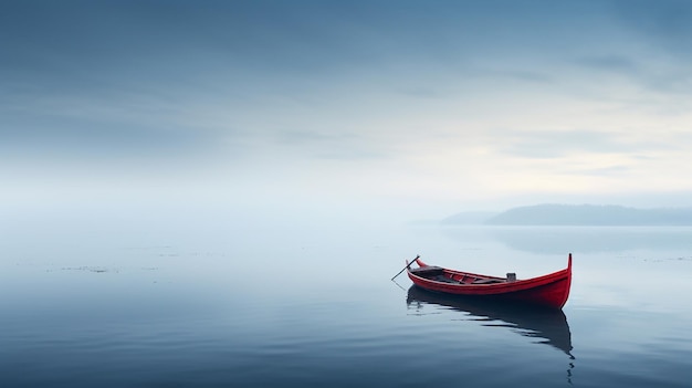 Lone Traveler Red Wooden Boat on Blue